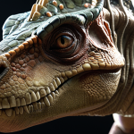 **

A hyperrealistic close-up of a "Gwarssi Caps" dinosaur character. Focus on the intricate details of the skin texture, the expressive facial features, and the seamless integration of mechanical parts. The lighting should be dramatic, creating depth and highlighting the contrast between organic and technological elements. The style should be cinematic, resembling a high-budget film still.

**