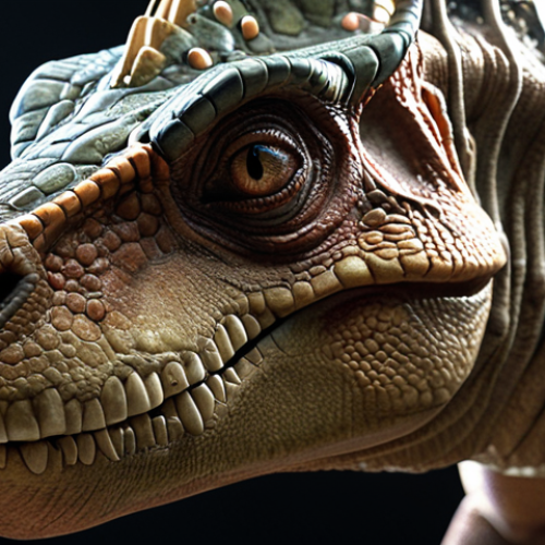Home 19 **
A hyperrealistic close-up of a "Gwarssi Caps" dinosaur character. Focus on the intricate details of the skin texture, the expressive facial features, and the seamless integration of mechanical parts. The lighting should be dramatic, creating depth and highlighting the contrast between organic and technological elements. The style should be cinematic, resembling a high-budget film still.
**
