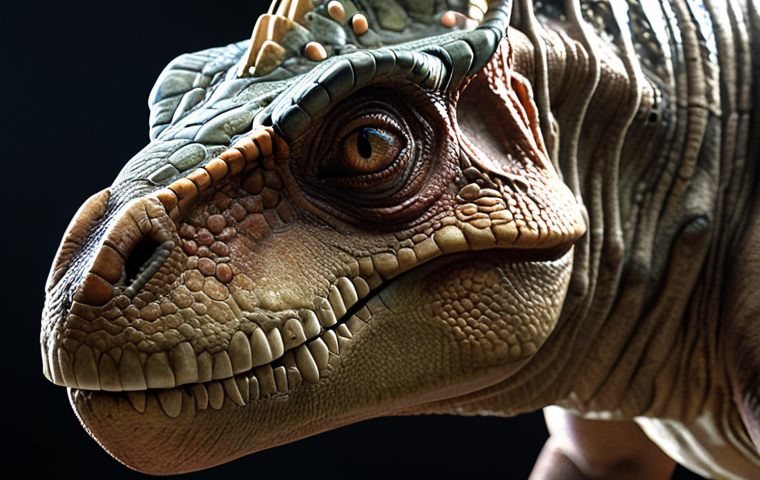**

A hyperrealistic close-up of a "Gwarssi Caps" dinosaur character. Focus on the intricate details of the skin texture, the expressive facial features, and the seamless integration of mechanical parts. The lighting should be dramatic, creating depth and highlighting the contrast between organic and technological elements. The style should be cinematic, resembling a high-budget film still.

**