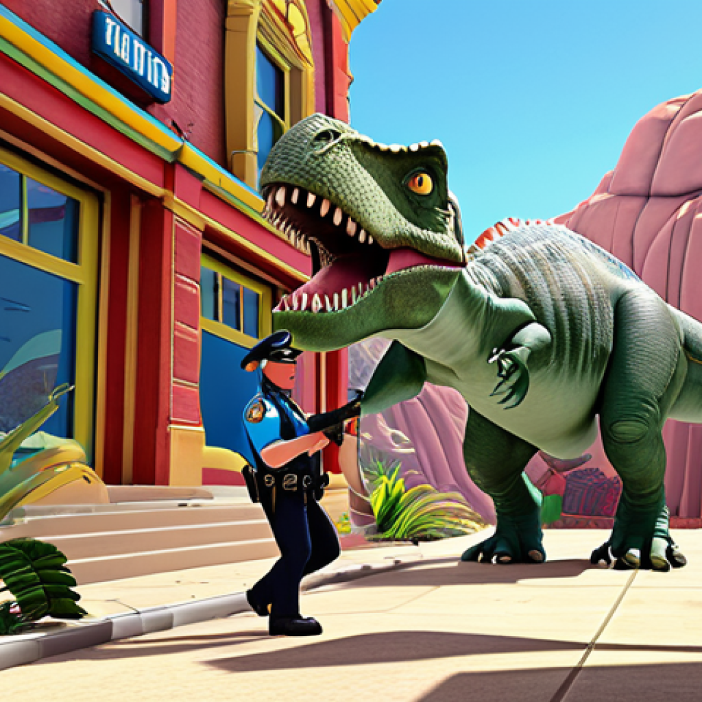 A breathtakingly detailed 3D animated scene, showcasing "Jurassic Cops" dinosaur police heroes in a vibrant, action-packed environment. Emphasize the intricate textures, dynamic poses, and vivid colors that bring the characters and world to life, embodying the transformation of simple lines into a dazzling reality. The setting subtly hints at cutting-edge technical innovation, reflecting a studio at the forefront of the industry, pushing the boundaries of animation. The mood should be one of awe and forward-thinking artistry, demonstrating unparalleled visual excellence.