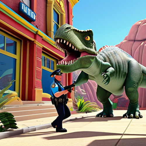 Home 17 A breathtakingly detailed 3D animated scene, showcasing "Jurassic Cops" dinosaur police heroes in a vibrant, action-packed environment. Emphasize the intricate textures, dynamic poses, and vivid colors that bring the characters and world to life, embodying the transformation of simple lines into a dazzling reality. The setting subtly hints at cutting-edge technical innovation, reflecting a studio at the forefront of the industry, pushing the boundaries of animation. The mood should be one of awe and forward-thinking artistry, demonstrating unparalleled visual excellence.