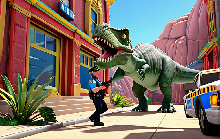 A breathtakingly detailed 3D animated scene, showcasing "Jurassic Cops" dinosaur police heroes in a vibrant, action-packed environment. Emphasize the intricate textures, dynamic poses, and vivid colors that bring the characters and world to life, embodying the transformation of simple lines into a dazzling reality. The setting subtly hints at cutting-edge technical innovation, reflecting a studio at the forefront of the industry, pushing the boundaries of animation. The mood should be one of awe and forward-thinking artistry, demonstrating unparalleled visual excellence.