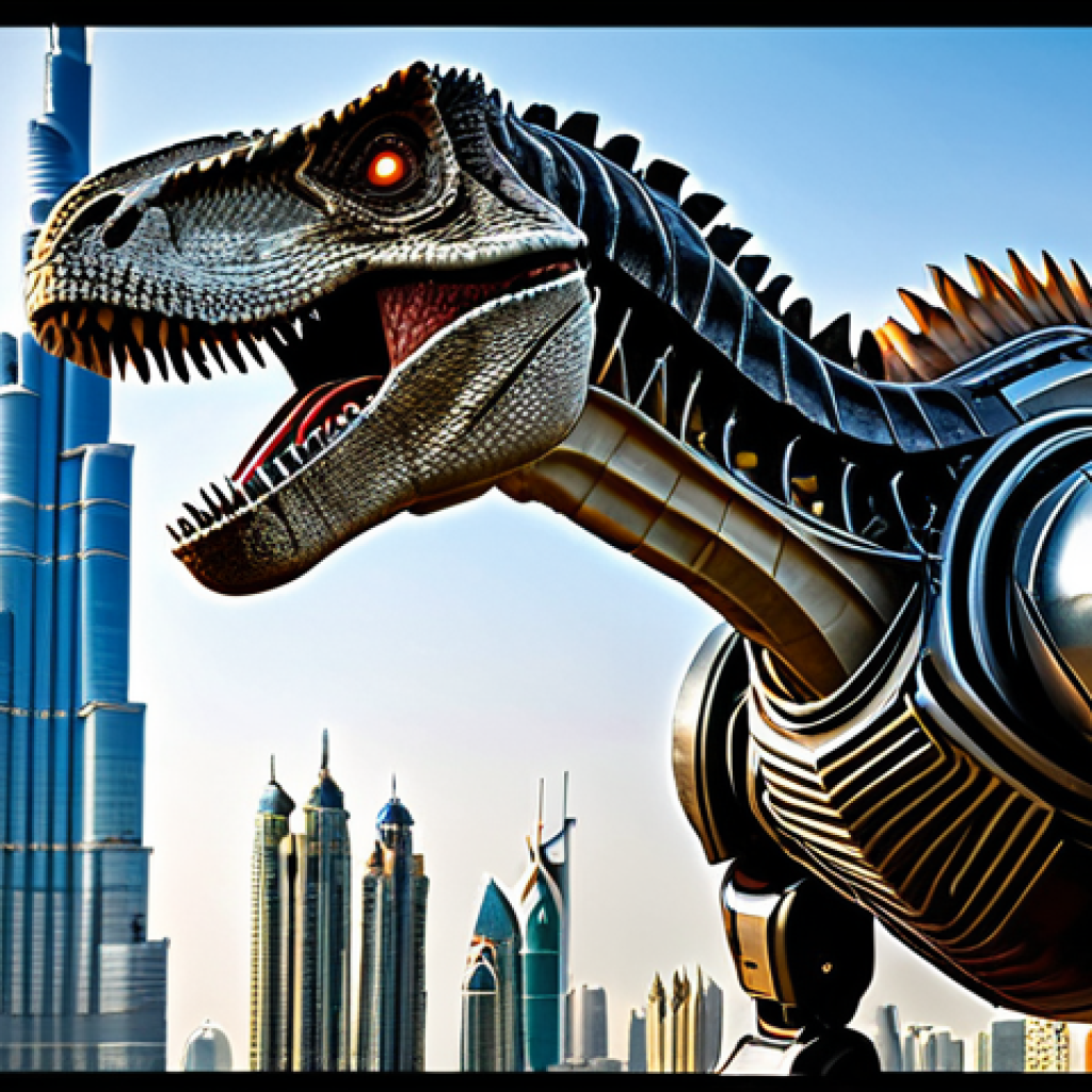 **

"A majestic robotic Tyrannosaurus Rex, fully armored and gleaming, standing proudly against a backdrop of futuristic Dubai. The Burj Khalifa pierces the clouds in the distance. Intricate mechanical details, powerful lasers emitting from its mouth, dynamic lighting, perfect anatomy, safe for work, appropriate content, fully clothed, professional, family-friendly."

**