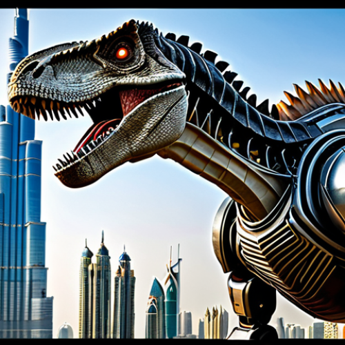 Home 8 **
"A majestic robotic Tyrannosaurus Rex, fully armored and gleaming, standing proudly against a backdrop of futuristic Dubai. The Burj Khalifa pierces the clouds in the distance. Intricate mechanical details, powerful lasers emitting from its mouth, dynamic lighting, perfect anatomy, safe for work, appropriate content, fully clothed, professional, family-friendly."
**
