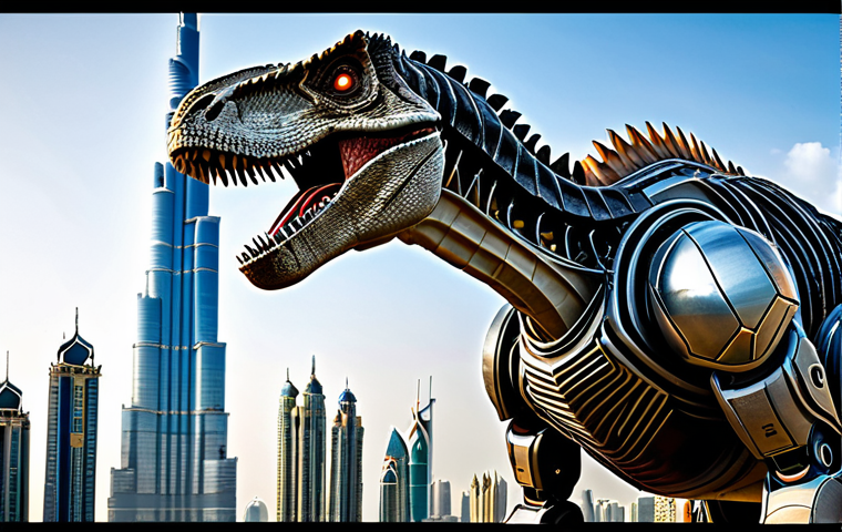 **

"A majestic robotic Tyrannosaurus Rex, fully armored and gleaming, standing proudly against a backdrop of futuristic Dubai. The Burj Khalifa pierces the clouds in the distance. Intricate mechanical details, powerful lasers emitting from its mouth, dynamic lighting, perfect anatomy, safe for work, appropriate content, fully clothed, professional, family-friendly."

**