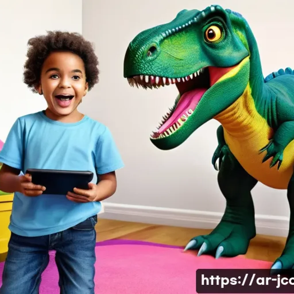 쥬라기캅스 미래 예상 시리즈 - **Prompt 1: Augmented Reality Adventure in a Child's Room**
    "A vibrant, brightly lit child's bed...