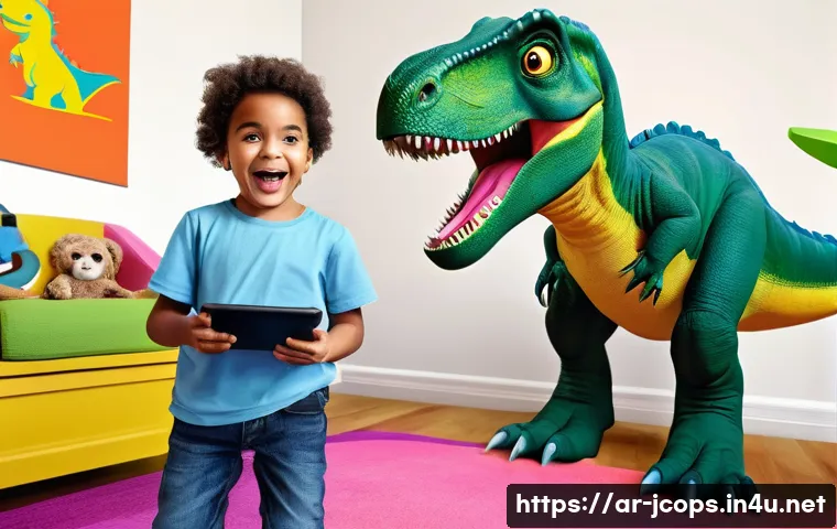 쥬라기캅스 미래 예상 시리즈 - **Prompt 1: Augmented Reality Adventure in a Child's Room**
    "A vibrant, brightly lit child's bed...