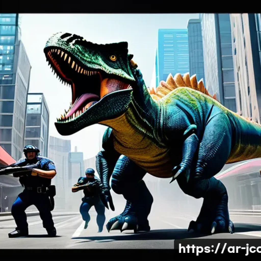 쥬라기캅스 트렌드 분석 - **Image Prompt:** A dynamic, high-quality 3D animation scene featuring the "Juryasic Cops" team (Tyr...