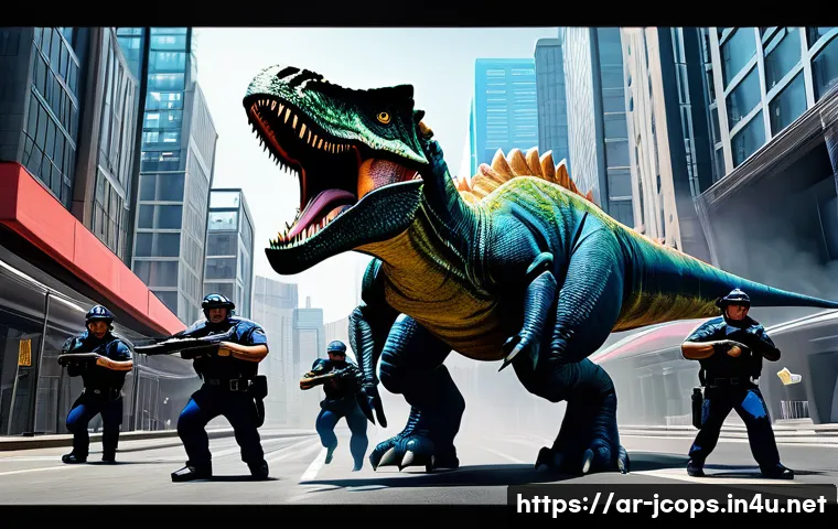 쥬라기캅스 트렌드 분석 - **Image Prompt:** A dynamic, high-quality 3D animation scene featuring the "Juryasic Cops" team (Tyr...