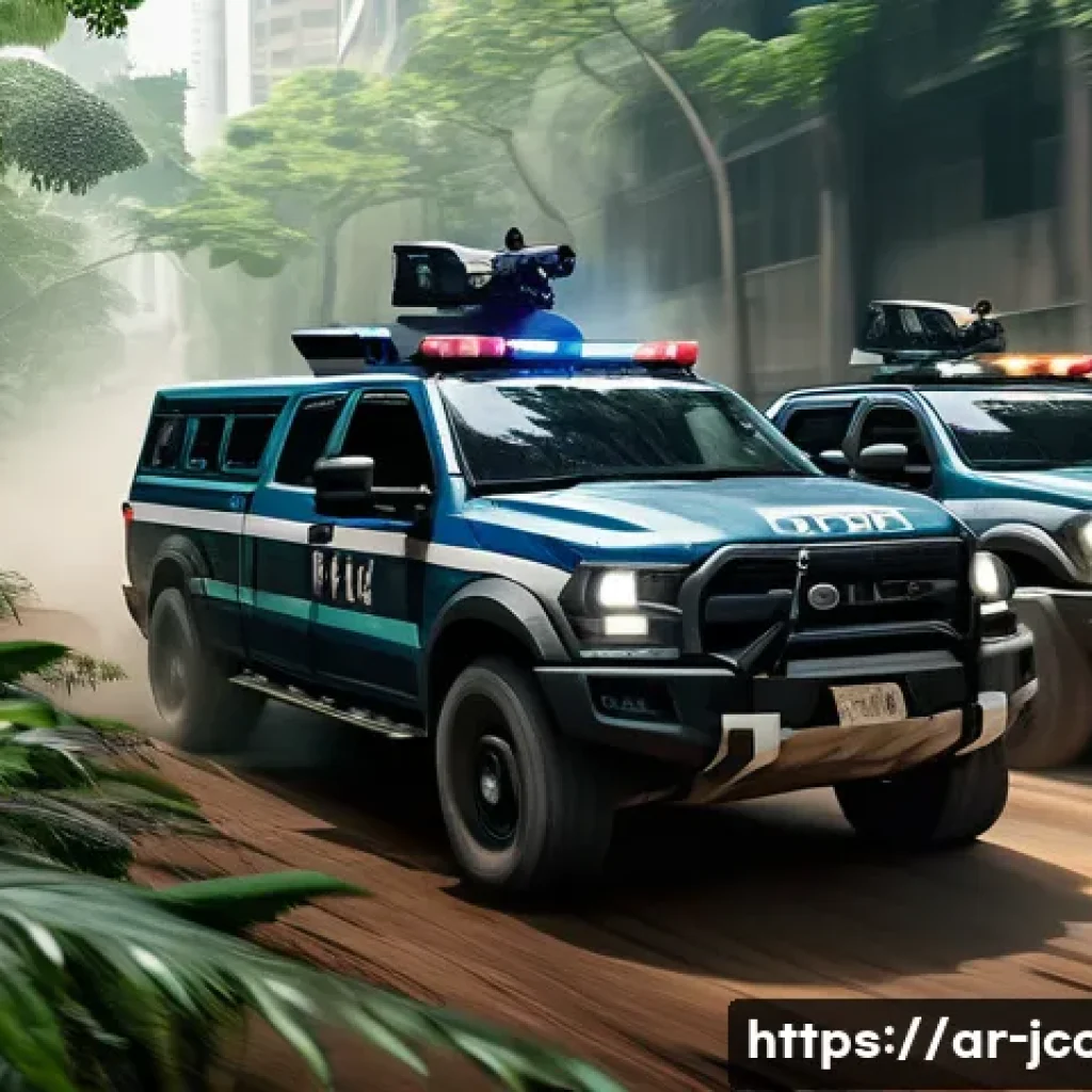 쥬라기캅스 타겟층 반응 - A dynamic action scene featuring a group of police officers in modern tactical gear, fully clothed w...