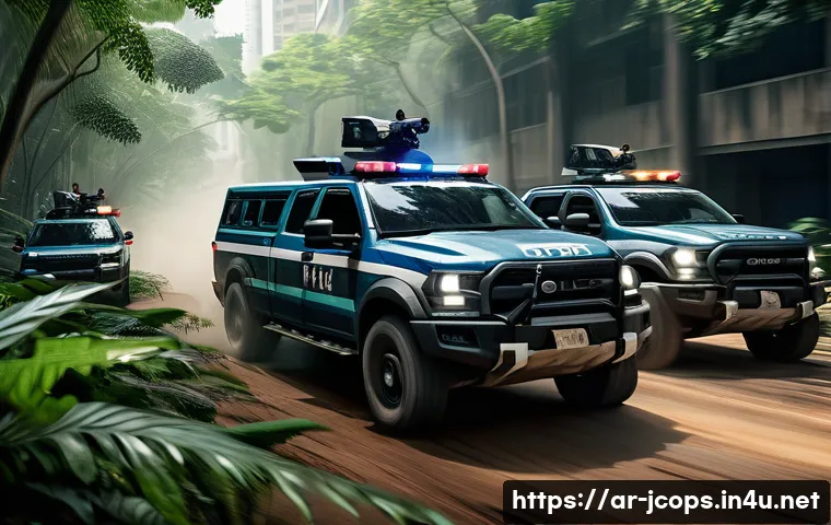 쥬라기캅스 타겟층 반응 - A dynamic action scene featuring a group of police officers in modern tactical gear, fully clothed w...