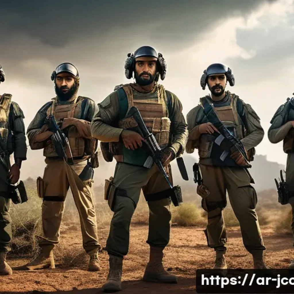 쥬라기캅스 비하인드 스토리 - A dynamic cinematic scene showing a diverse team of Arabic actors in tactical gear and field-appropr...