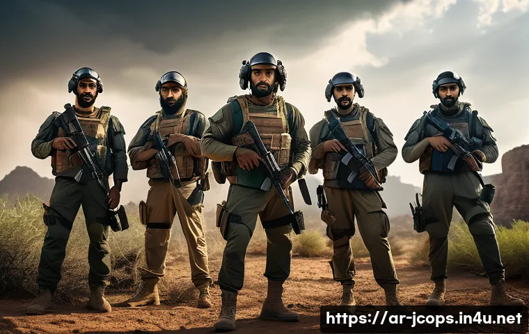 쥬라기캅스 비하인드 스토리 - A dynamic cinematic scene showing a diverse team of Arabic actors in tactical gear and field-appropr...