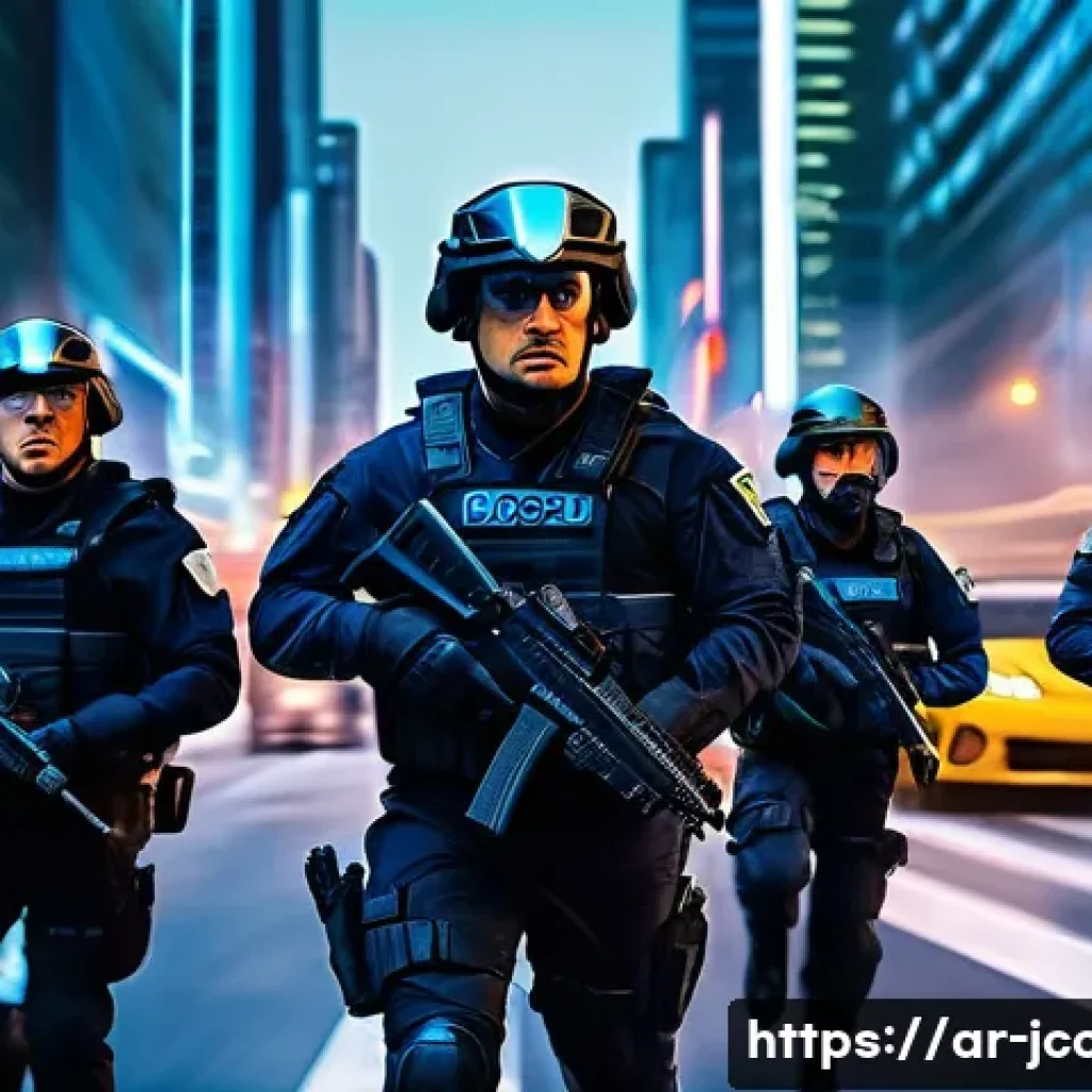 쥬라기캅스 유튜브 하이라이트 - A high-quality cinematic action scene featuring a diverse group of heroic cops in tactical gear, int...