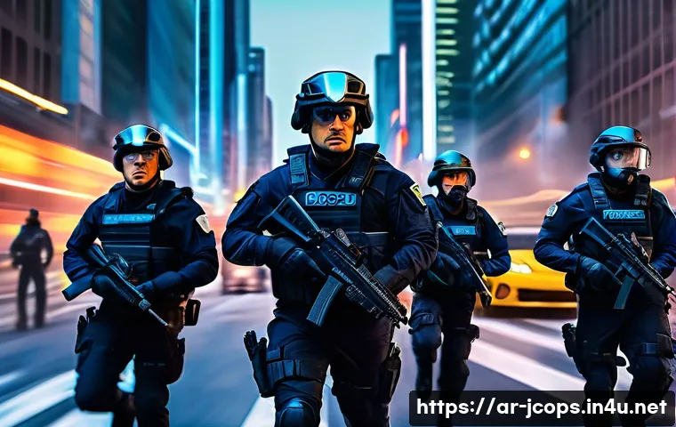 쥬라기캅스 유튜브 하이라이트 - A high-quality cinematic action scene featuring a diverse group of heroic cops in tactical gear, int...