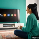 쥬라기캅스 애니메이션 스트리밍 정보 - A vibrant and detailed digital illustration of an Arab teenager watching the anime "Juraki Caps" on ...