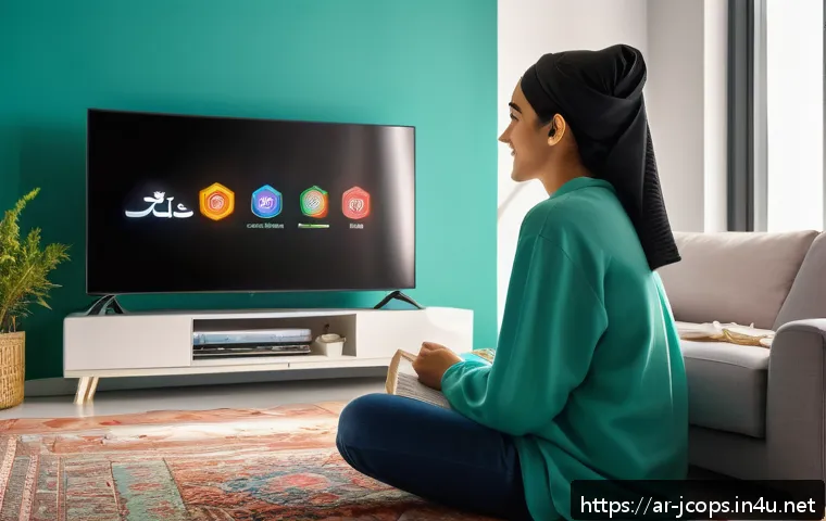 쥬라기캅스 애니메이션 스트리밍 정보 - A vibrant and detailed digital illustration of an Arab teenager watching the anime "Juraki Caps" on ...