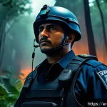 쥬라기캅스 인기 에피소드 순위 - A detailed cinematic scene depicting a complex police officer character from "Jurassic Cops," standi...