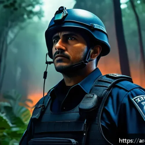 쥬라기캅스 인기 에피소드 순위 - A detailed cinematic scene depicting a complex police officer character from "Jurassic Cops," standi...