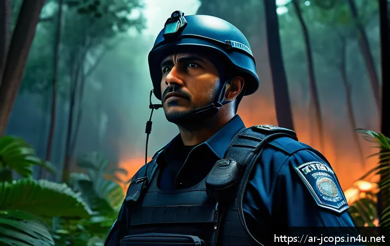 쥬라기캅스 인기 에피소드 순위 - A detailed cinematic scene depicting a complex police officer character from "Jurassic Cops," standi...