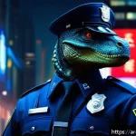 쥬라기캅스 팬아트 모음 - A highly detailed digital painting of a futuristic police officer character fused with dinosaur feat...