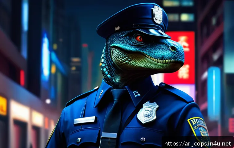 쥬라기캅스 팬아트 모음 - A highly detailed digital painting of a futuristic police officer character fused with dinosaur feat...